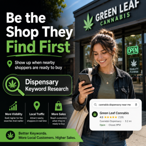 Dispensary Keyword Research hero mockup featuring a customer on a smartphone outside Green Leaf Cannabis with text reading Be the Shop They Find First and a local search listing overlay.