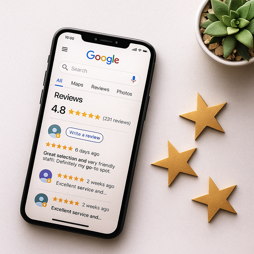 Mobile phone displaying a Google reviews page with a 4.8-star rating and customer feedback.