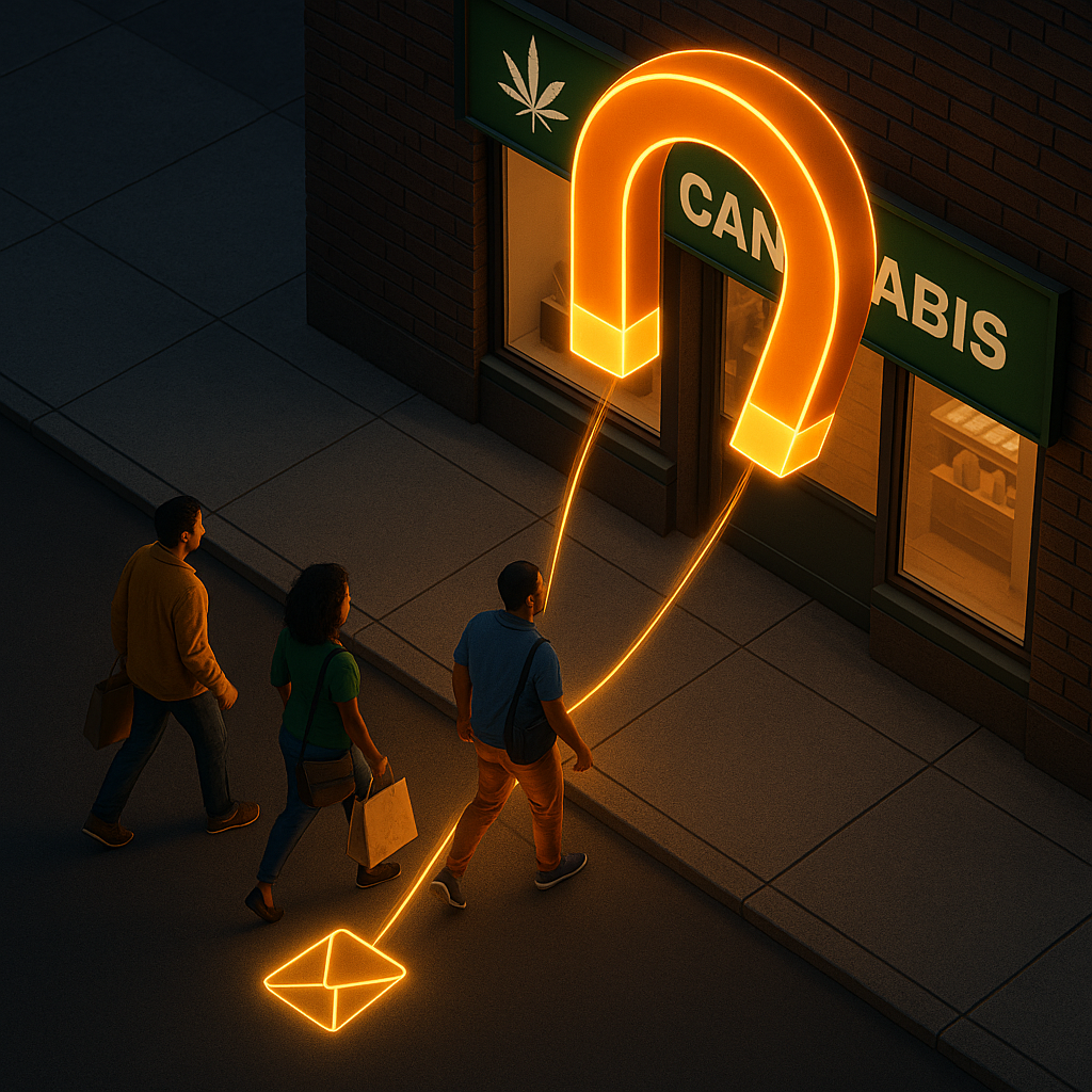 People following a glowing path from an envelope icon to a cannabis dispensary with a large magnet.