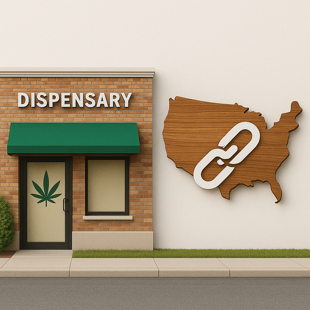 Cannabis dispensary storefront next to a wooden map of the USA with a link icon.