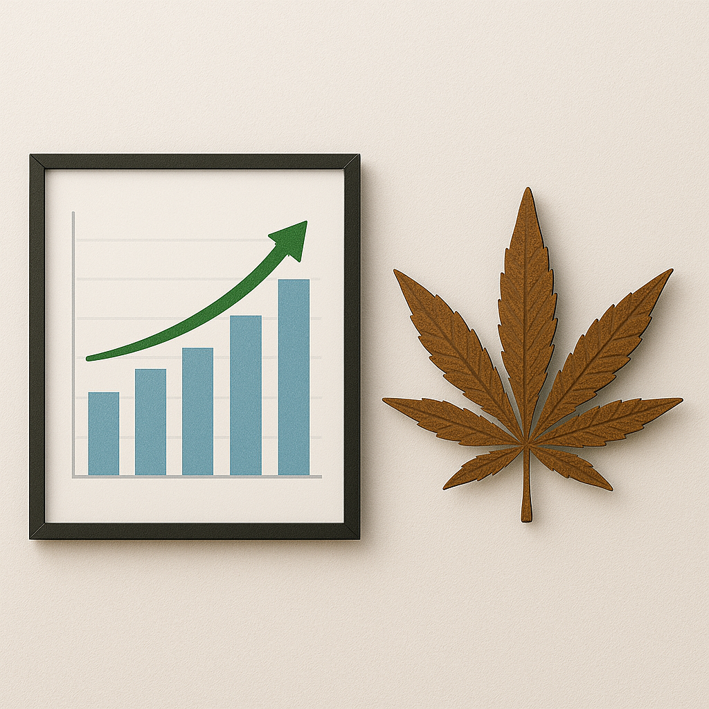 Framed growth chart with an upward arrow and a large cannabis leaf cutout