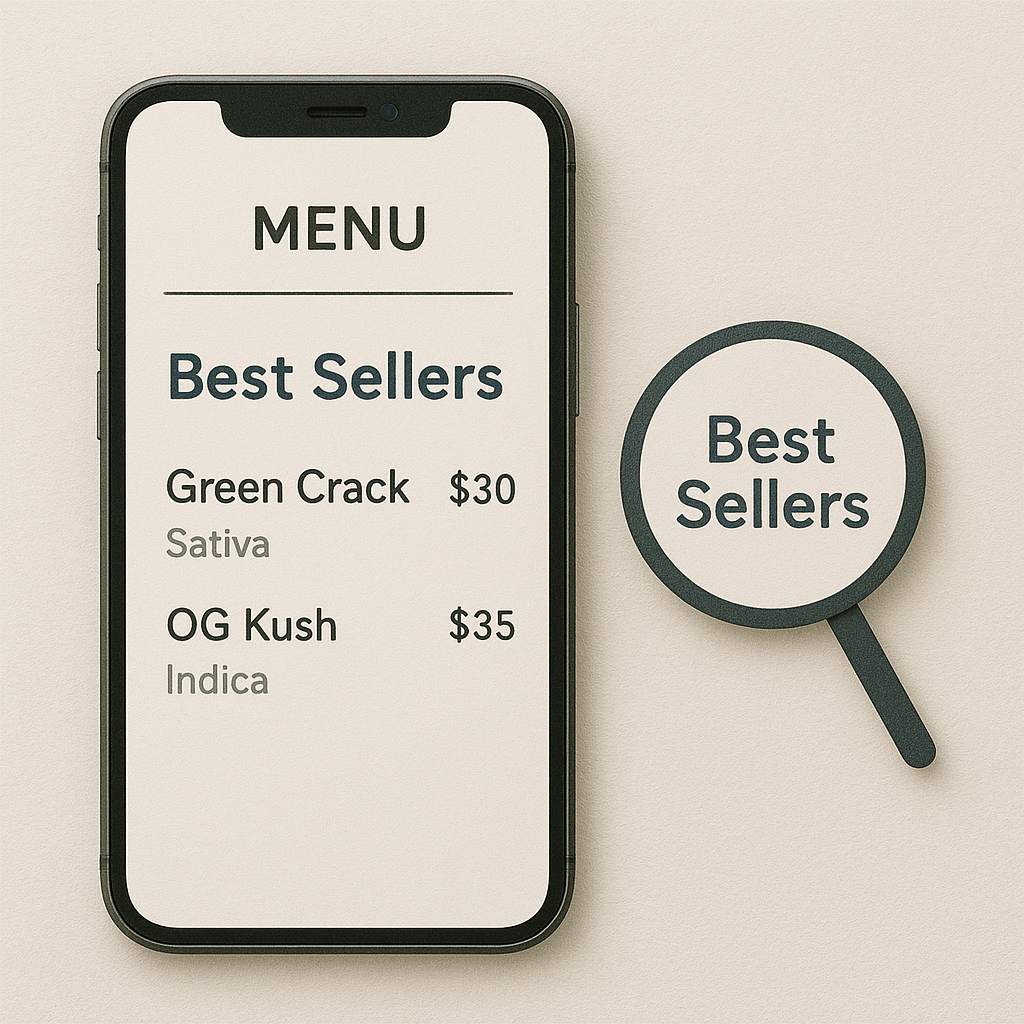 Smartphone displaying a menu of "Best Sellers" cannabis products with prices.