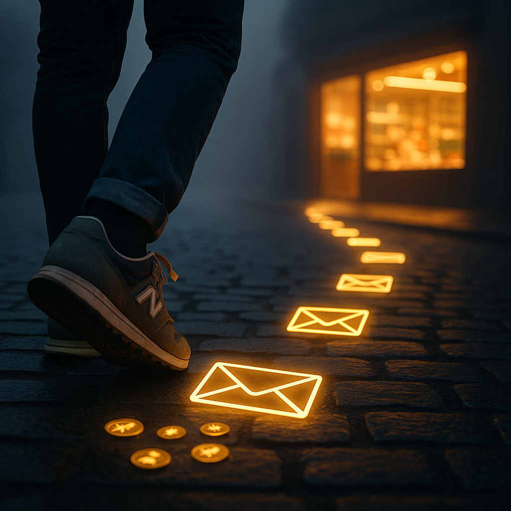 Person walking on a cobblestone street following a trail of glowing envelope icons.