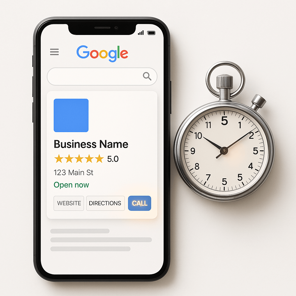 Smartphone showing a 5-star Google business profile next to a stopwatch