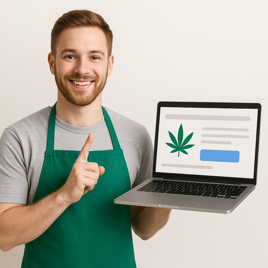 Smiling man in an apron pointing to a laptop screen with a cannabis leaf icon and a website layout.