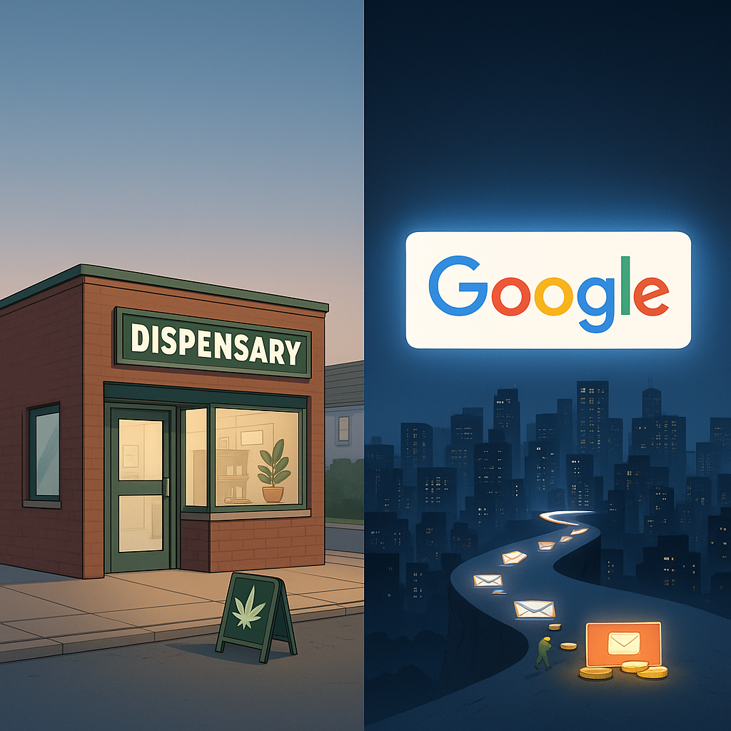 Local dispensary contrasted with Google dominating online search.