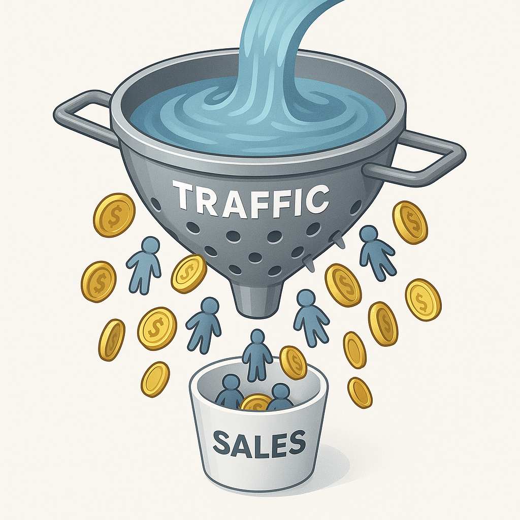 Traffic leaking through a funnel with only a few customers turning into sales.