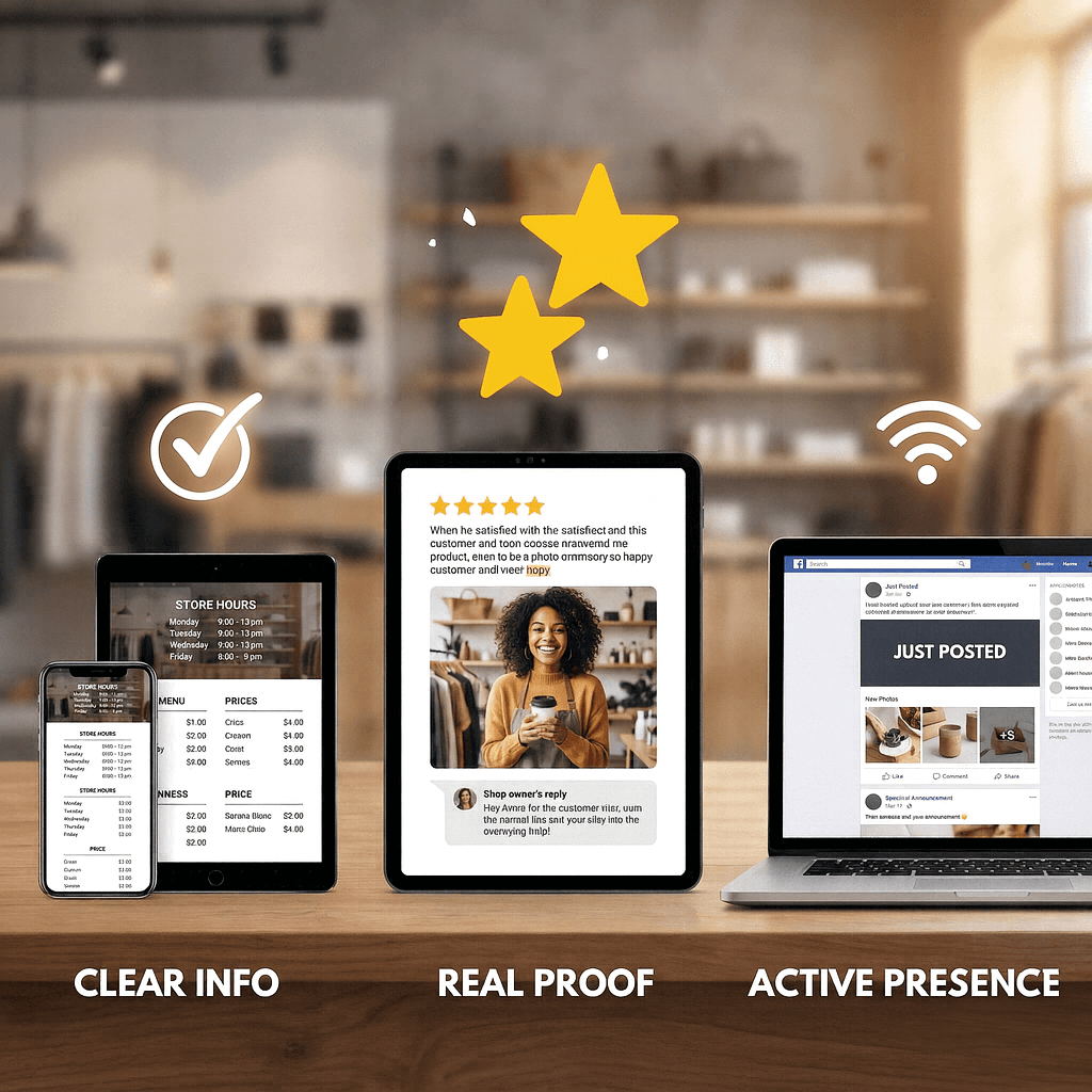 Infographic showing clear information, social proof, active presence, and trust as connected steps in the customer decision process