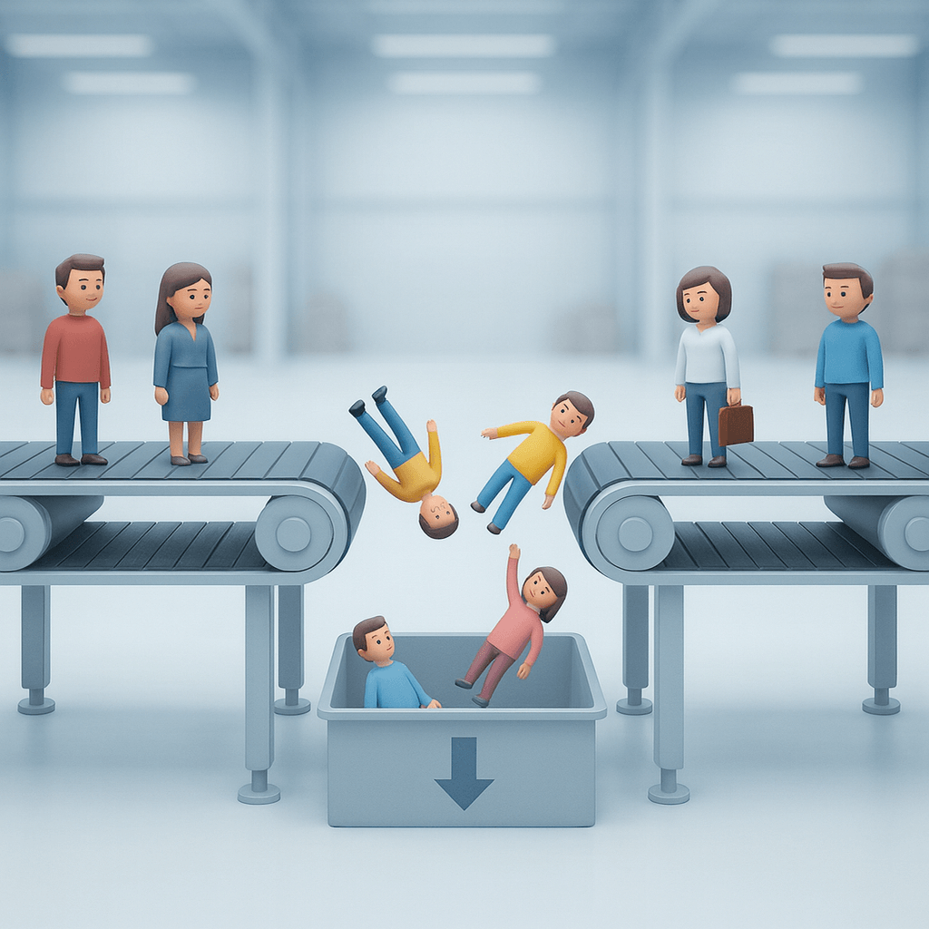 Illustration of people moving along separate conveyor belts, with some diverted into a bin, representing different customer paths and outcomes.