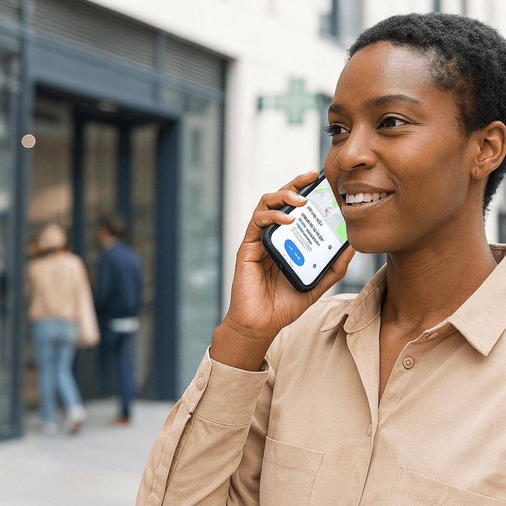 Person using a smartphone outside a retail storefront, with a map visible on the phone screen.