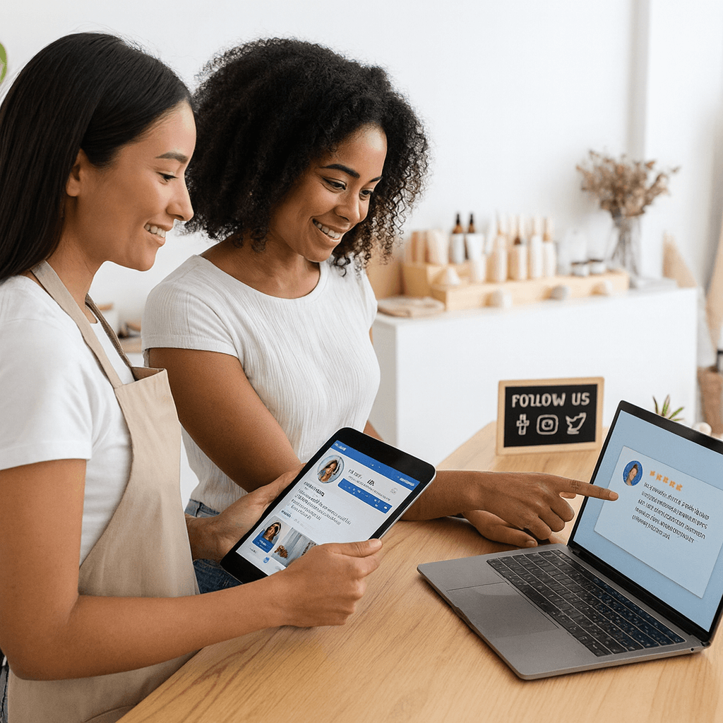Two store staff members reviewing customer reviews and social media profiles on a tablet and laptop behind a retail counter.