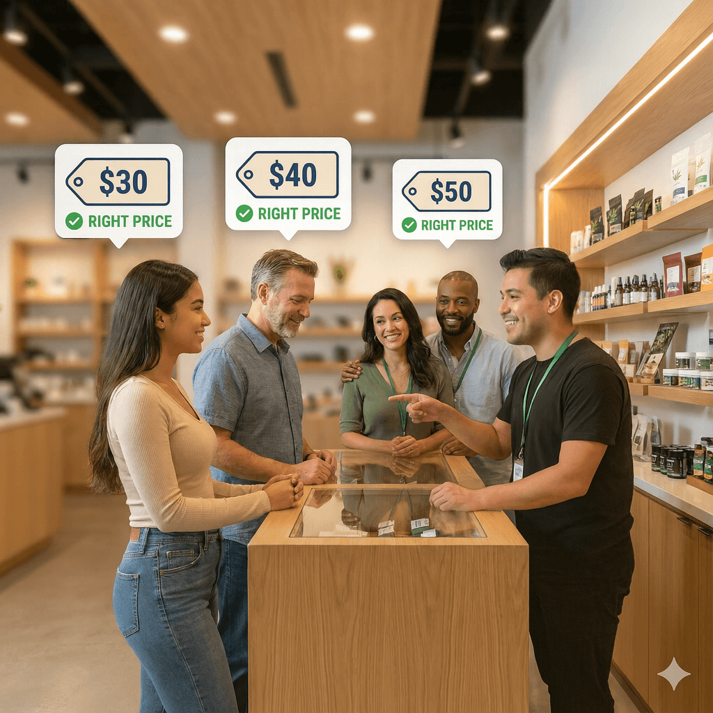 Customers chatting with a store associate under right-price tags.