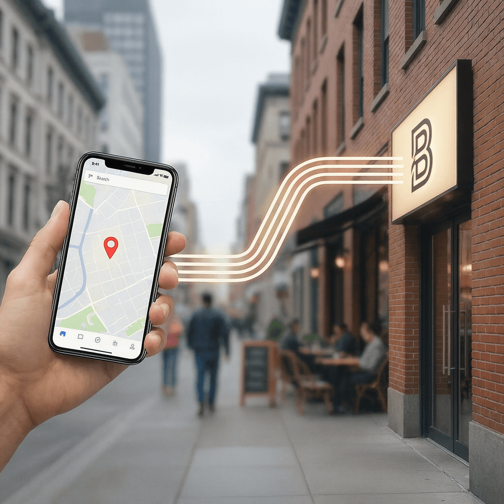 Smartphone map directing a person toward a branded storefront on a busy city street.