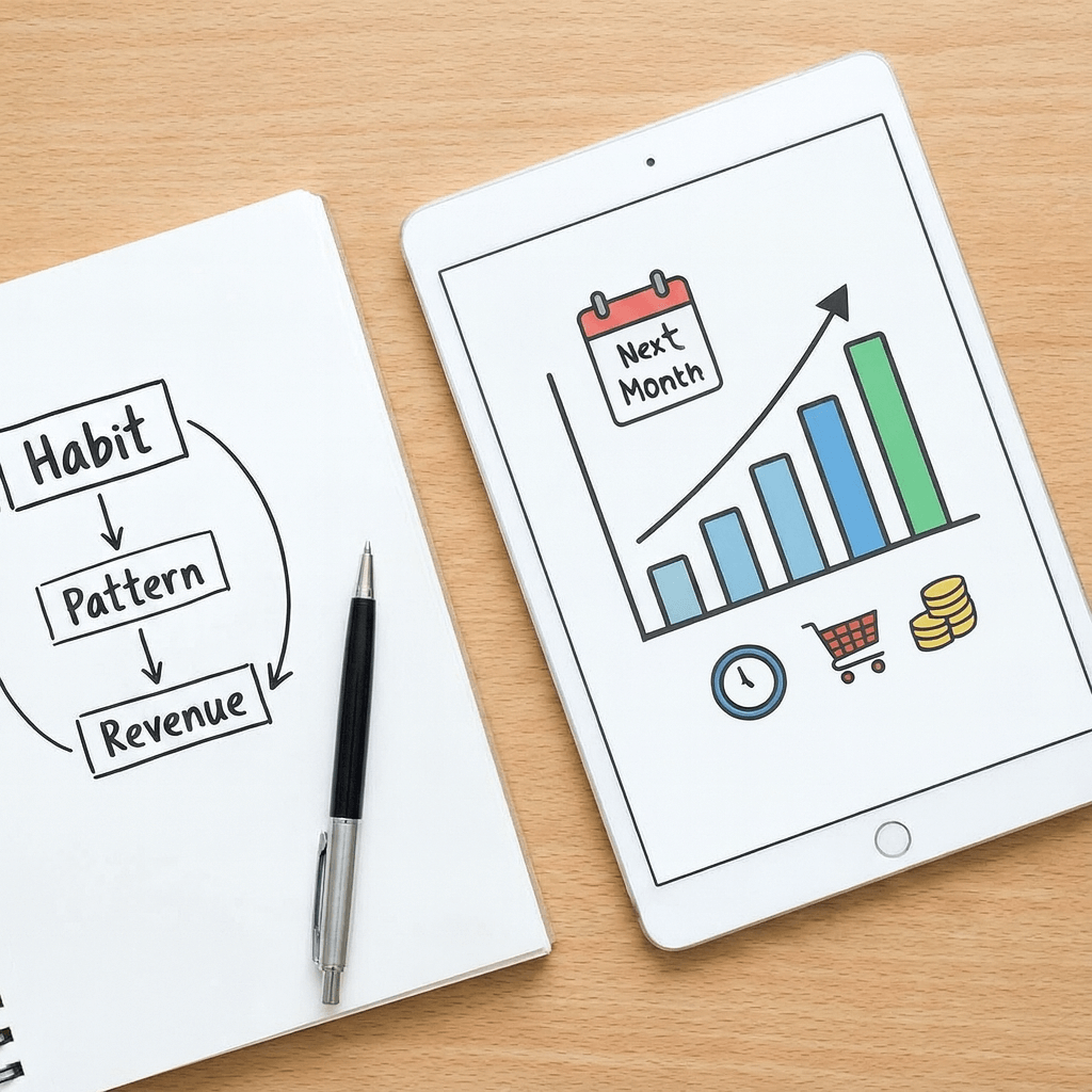 Notebook showing a habit-to-revenue diagram next to a tablet displaying a projected sales growth chart.