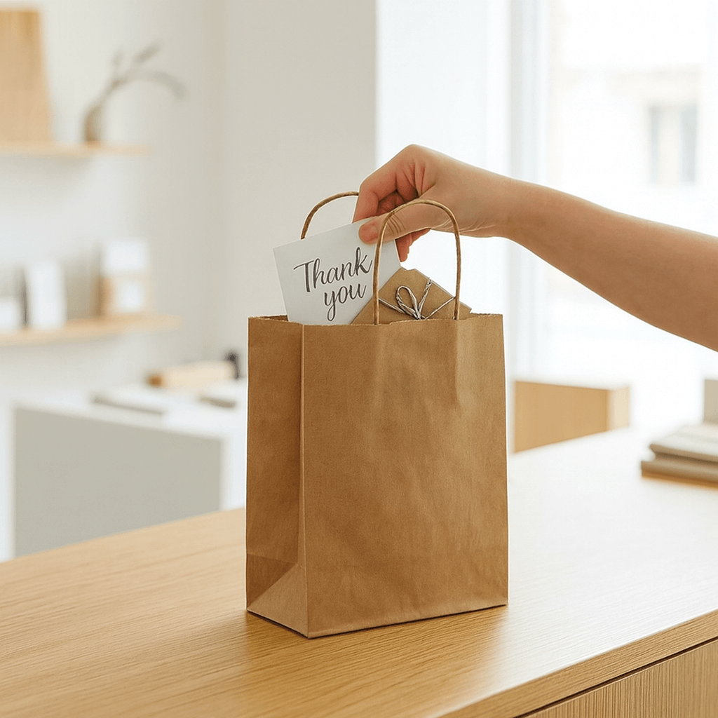 Hand holding a small paper shopping bag with a thank-you card on a retail counter.