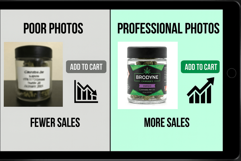 Comparison graphic showing poor product photos with fewer sales versus professional product photos with more sales.
