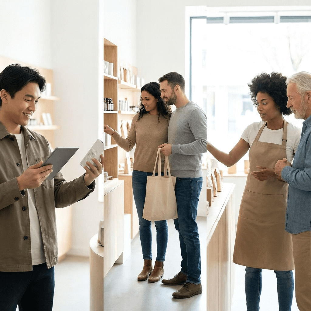 Visual showing store information, customer reviews, and online activity to represent different customer needs and behaviors.