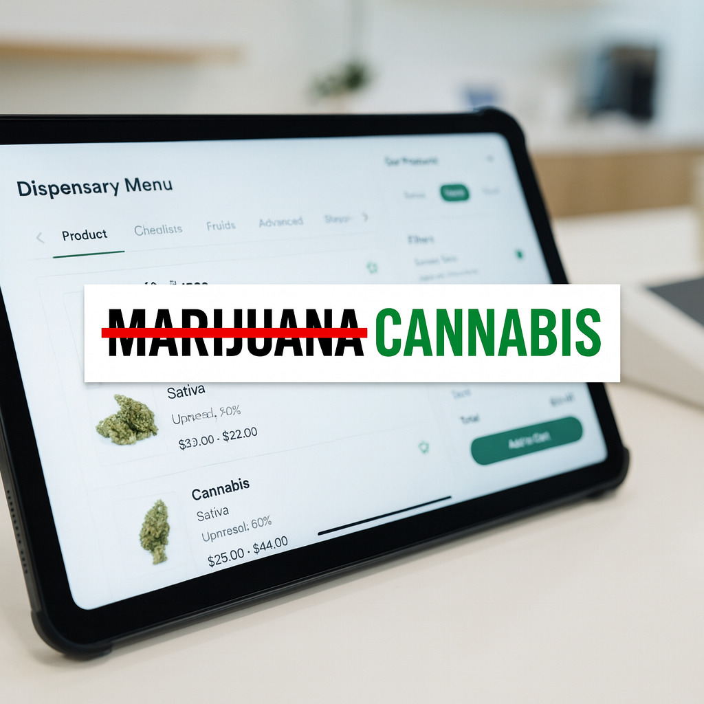 tablet showing dispensary menu with “Marijuana” crossed out and replaced by “Cannabis.”