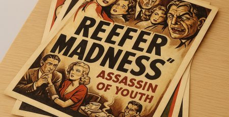 Vintage “Reefer Madness” poster stacked on a wooden table