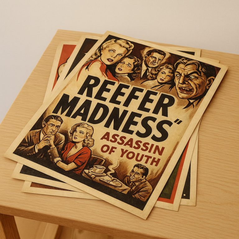 Vintage “Reefer Madness” poster stacked on a wooden table
